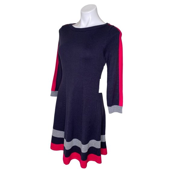 Vince Camuto NWT $128 Knit Fit & Flare Dress, Navy Red Gray Striped Trim Size S - Picture 6 of 8